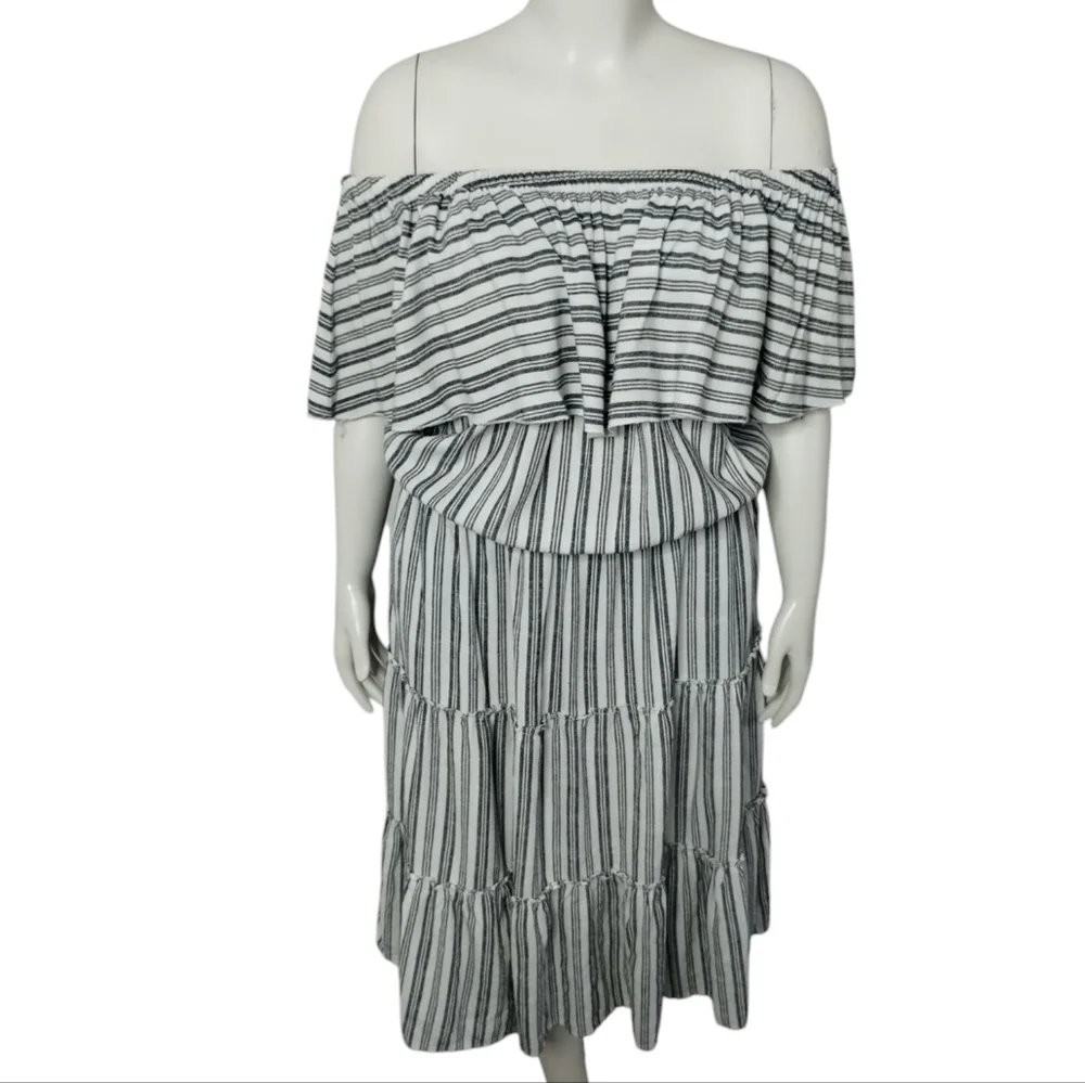 Ashley Womens Linen Euro Summer Beachy Coastal Off Shoulder Striped Tiered Dress
